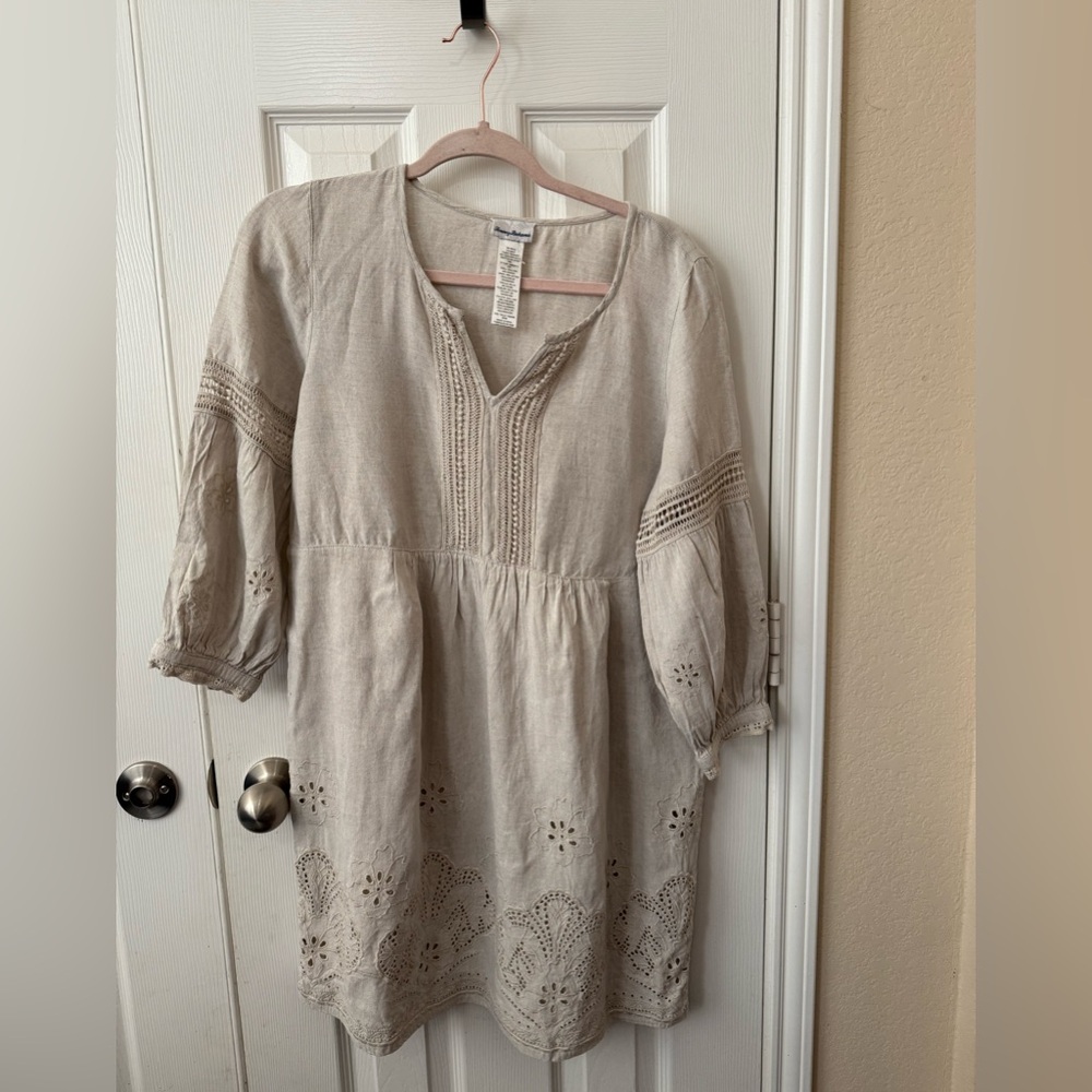 Tommy Bahama Coastal Linen Boho Embroidered Mini Dress Womens M Beach Resort
